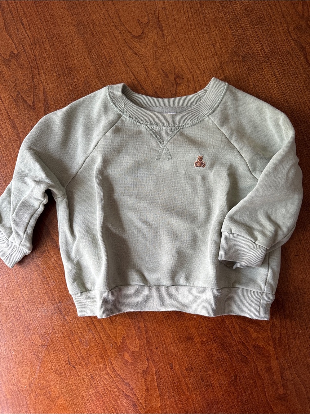 GAP Sage Green Baby Sweatshirt with Tiny Brown Bear Embroidery